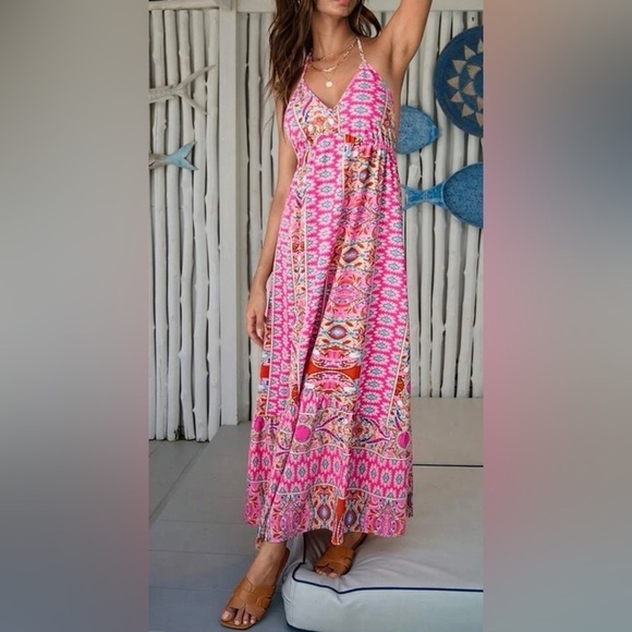 Bohemian Backless Ruffle Hem Halter Beach Casual Maxi Dress - Picture 4 of 6